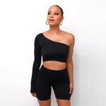 Kliou Solid Asymmetrical Two Piece Sets Women Tracksuit Crop Tops Elastic Bike Shorts Sporty Matching Suits Casual Female Outfit - Image 4
