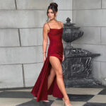 Fashion Style Slim Satin Pockets Collar Slit Formal Dress - Image 2