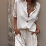 Women's Solid Color Lapel Short Sleeve Shorts Set - Button-Up Casual Two-Piece Outfit With Pocketed Shorts Summer Minimalist Outfit