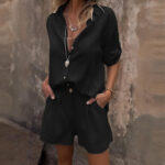 Women's Solid Color Lapel Short Sleeve Shorts Set - Button-Up Casual Two-Piece Outfit With Pocketed Shorts Summer Minimalist Outfit - Image 5