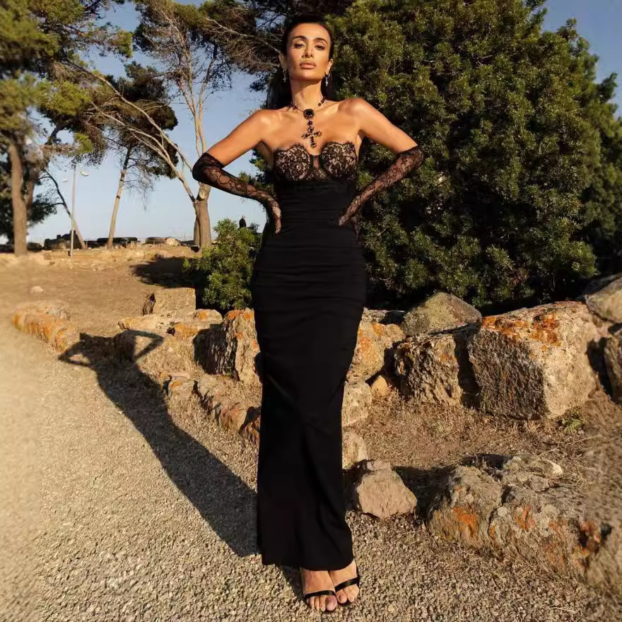 b0826ace-933c-475e-890c-3e7fc87cc8b1.jpg Bandage Black Lace Stitching Banquet Party Formal Dress - Image 1