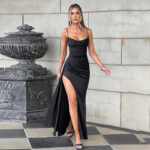 Fashion Style Slim Satin Pockets Collar Slit Formal Dress - Image 4